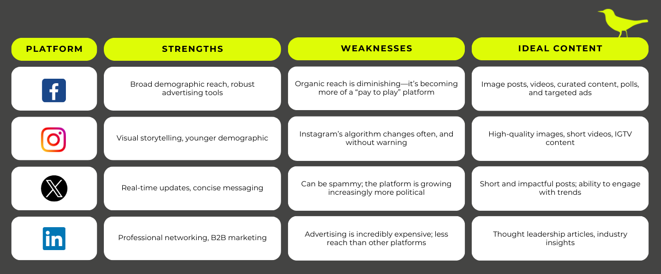 A social media platform comparison chart for small businesses